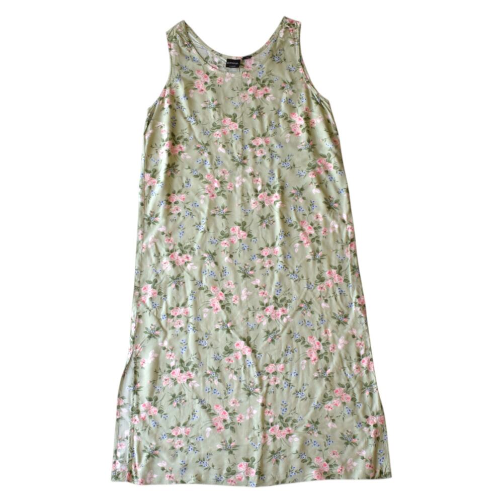 Vintage 90s Rayon Floral Midi Dress Sage Green Cottagecore Large